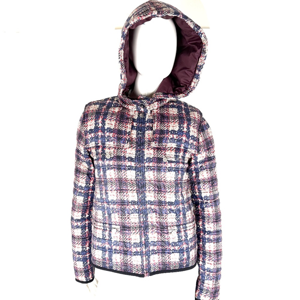 CHANEL 2014 Tweed Print Navy Beige Burgundy Nylon Zip Hooded Jacket 38